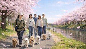 桜が咲く川沿いの遊歩道を、複数の飼い主と愛犬たちが整って歩く、お花見パックウォークのイメージ