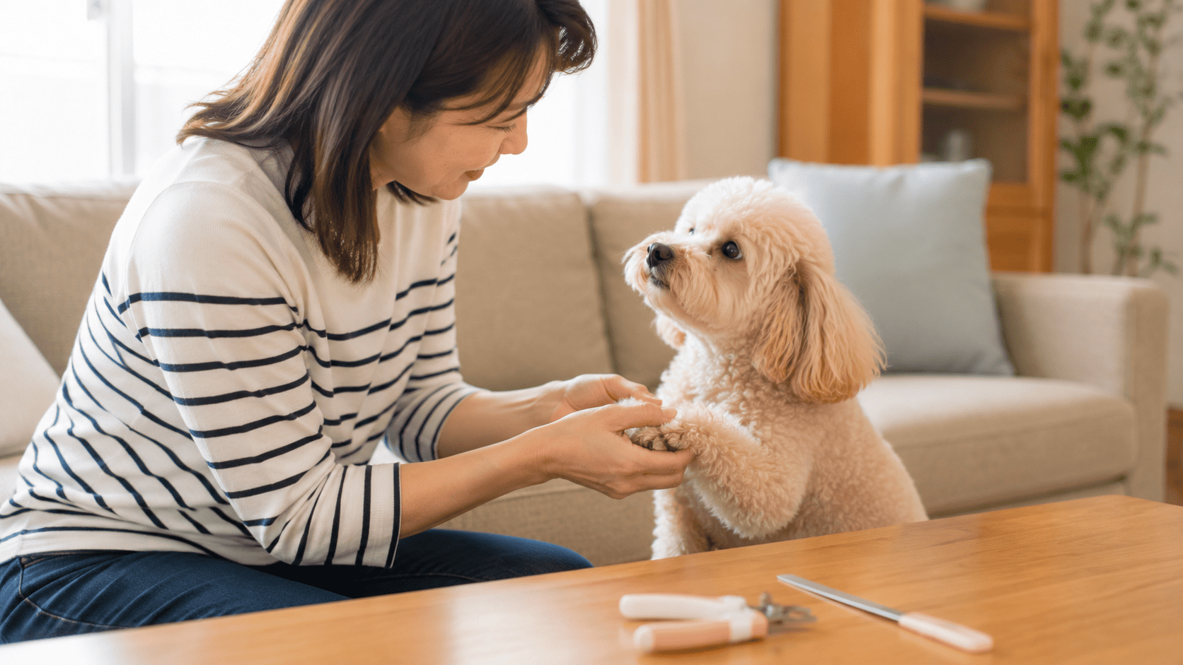 飼い主さんがリビングで愛犬の前足を優しく支えながら爪切りの練習をしている様子。テーブルの上には爪切りとヤスリが置かれているが主役ではなく、愛犬が安心した表情で飼い主さんを見上げる信頼関係が伝わる場面。