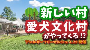 新しい村の芝生広場を背景に、「新しい村に愛犬文化村がやってくる!?」と大きく表示されたイベント告知画像。下部には「アレルギーフリーマルシェ 4.29開催」の文字が入り、青空と緑が広がる開放的な雰囲気のバナー。