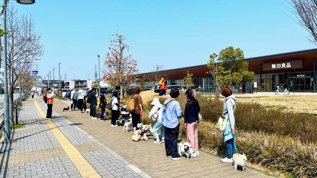 トレーナーの説明を聞きながら整列する飼い主と犬たちのパックウォーク開始前の様子