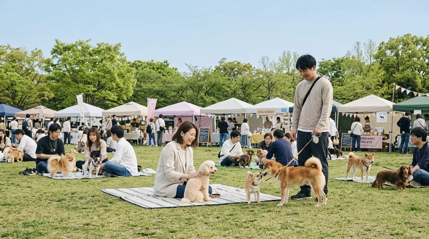 芝生広場に多くの飼い主と愛犬が集まる春のドッグイベント会場。テントブースが並び、青空の下で交流を楽しむ様子。