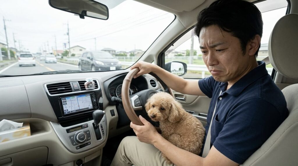 膝の上に愛犬を乗せて運転し危険そうな表情をする男性ドライバーと車内の様子