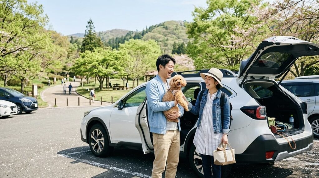 春の公園駐車場で車から降り、愛犬とのお出かけを楽しむ笑顔の夫婦