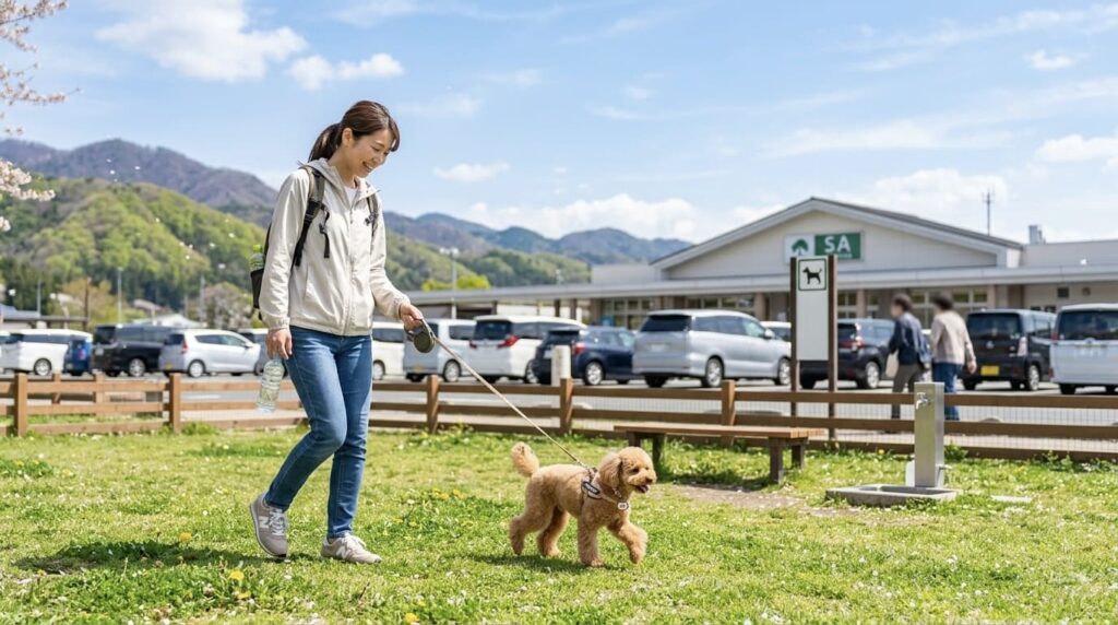 サービスエリアの芝生広場で愛犬と散歩しながら休憩する女性飼い主
