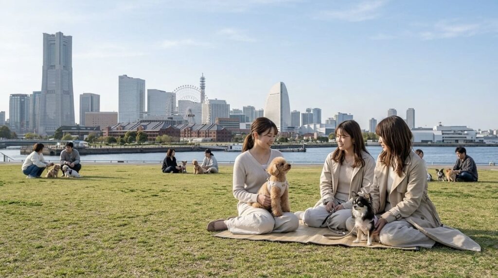 横浜みなとみらいの景色を背景に、芝生広場で愛犬とくつろぐ来場者たち。都会的な雰囲気のドッグイベントイメージ。