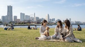 横浜みなとみらいの景色を背景に、芝生広場で愛犬とくつろぐ来場者たち。都会的な雰囲気のドッグイベントイメージ。