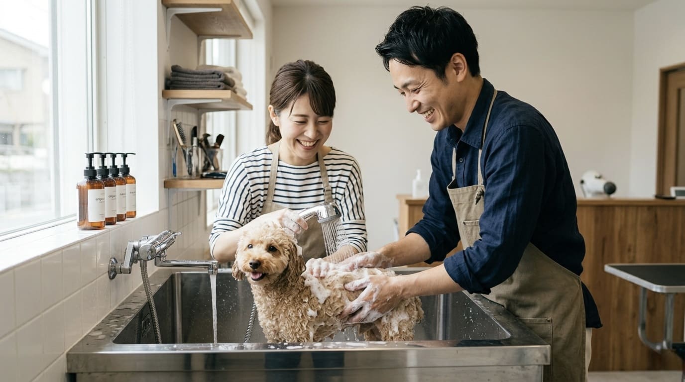 トリミングサロンのドッグバスで笑顔の夫婦が愛犬をシャンプーしている様子