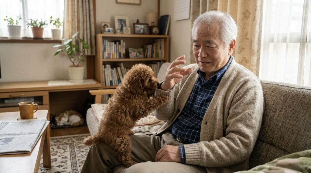 子犬のじゃれつきに困りながらも向き合う高齢男性の様子
