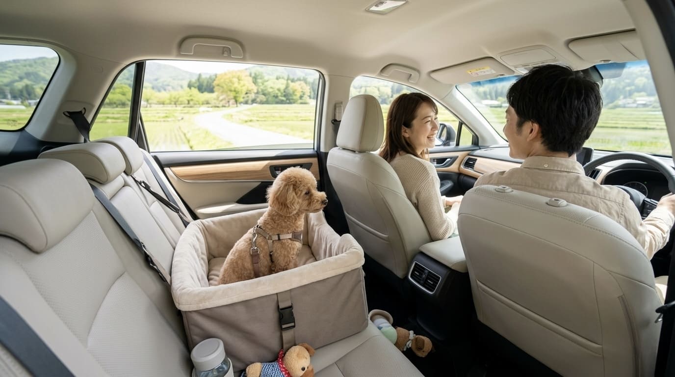 後部座席のドライブボックスで安全に座る愛犬と前席で会話する飼い主夫婦