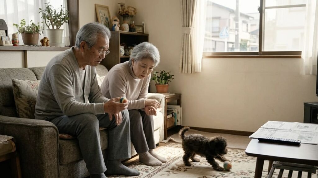 高齢の夫婦が子犬の世話に戸惑いながら過ごしている室内の様子