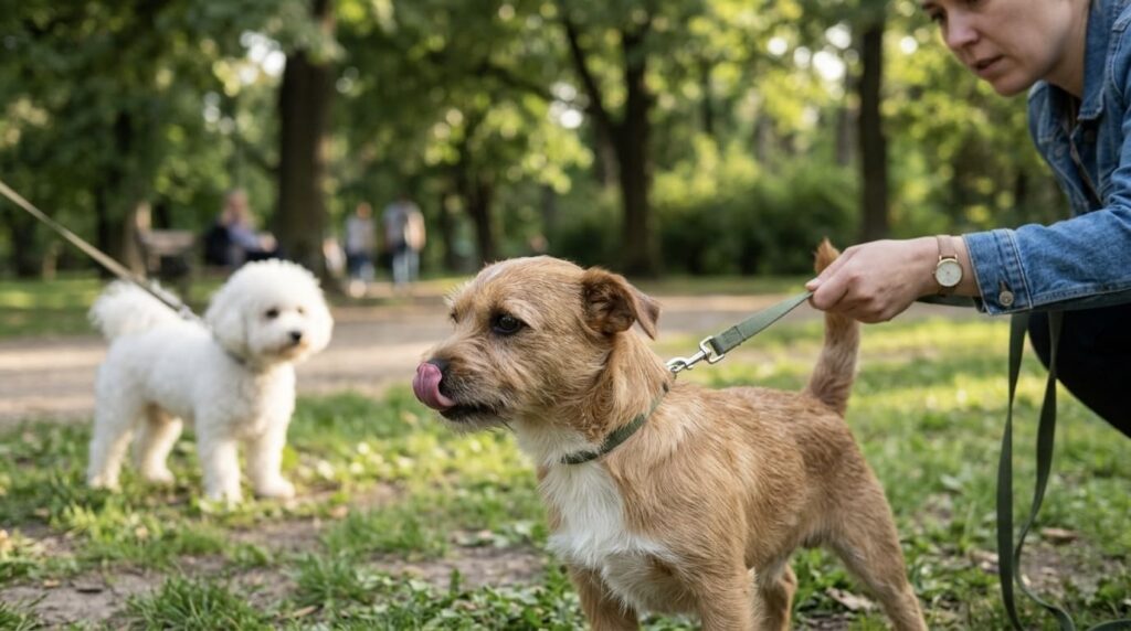 犬同士の挨拶 マナー｜緊張して鼻を舐める犬のカーミングシグナル