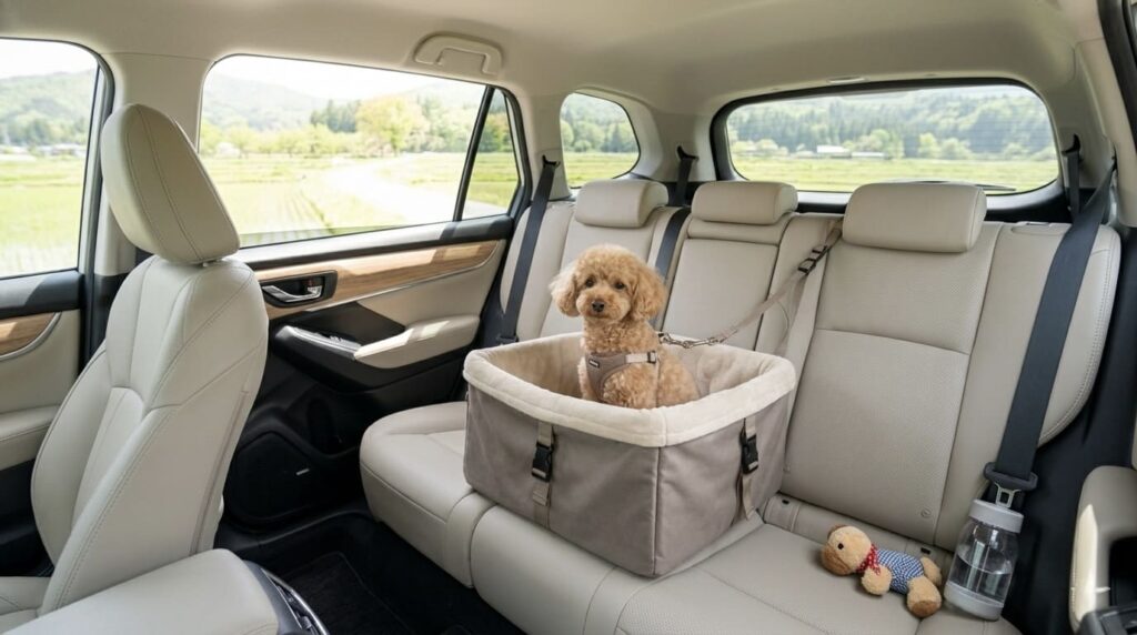 車の後部座席でドライブボックスに入りリード固定された愛犬の様子