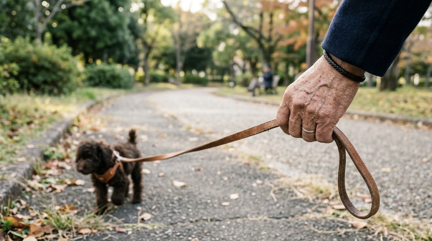 高齢者が子犬と散歩する様子とリードを持つ手のクローズアップ