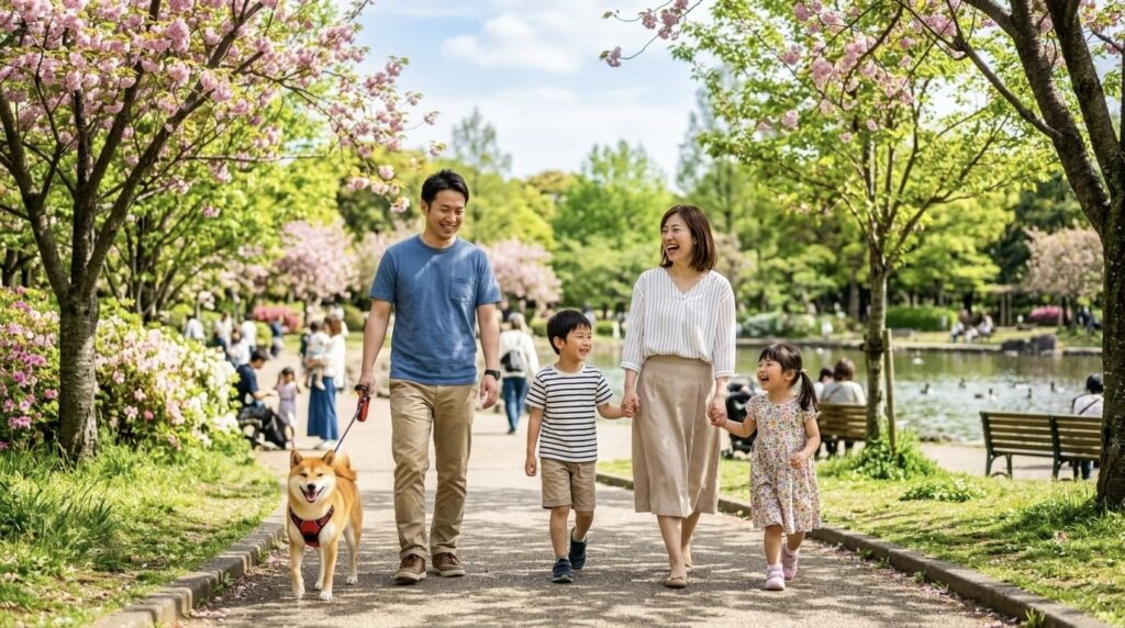 春の公園で桜並木の中、柴犬と一緒に散歩を楽しむ家族。ゴールデンウィークらしい穏やかな休日風景。