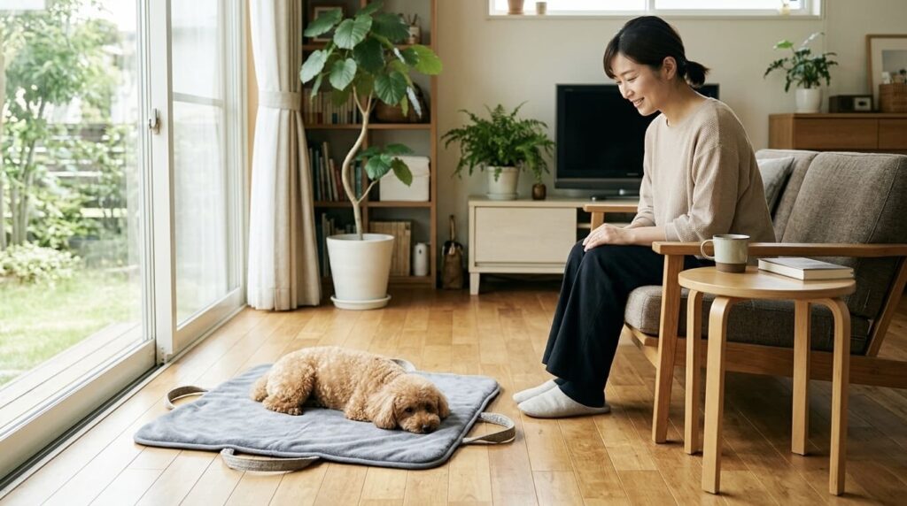 リビングで持ち運びマットの上に伏せてくつろぐ愛犬と見守る飼い主女性