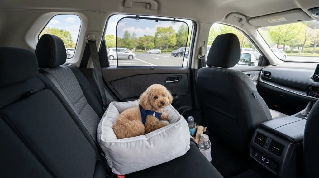 駐車場に停めた車の後部座席でドライブボックスに入り落ち着いて過ごす愛犬