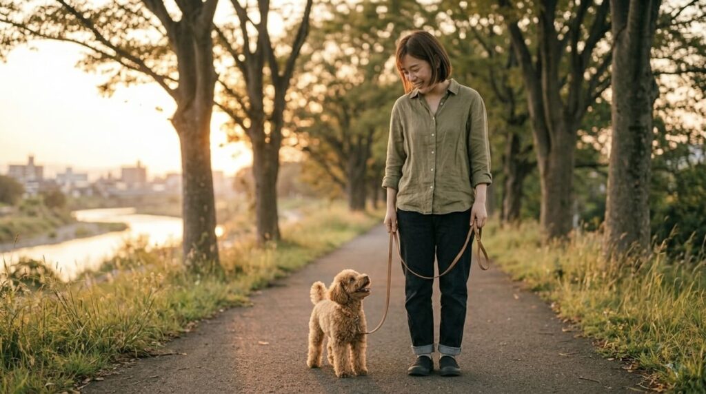 夕方の散歩道で飼い主さんを見上げながら歩くトイプードル