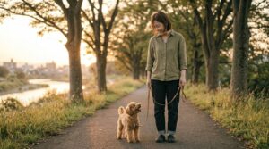夕方の散歩道で飼い主さんを見上げながら歩くトイプードル