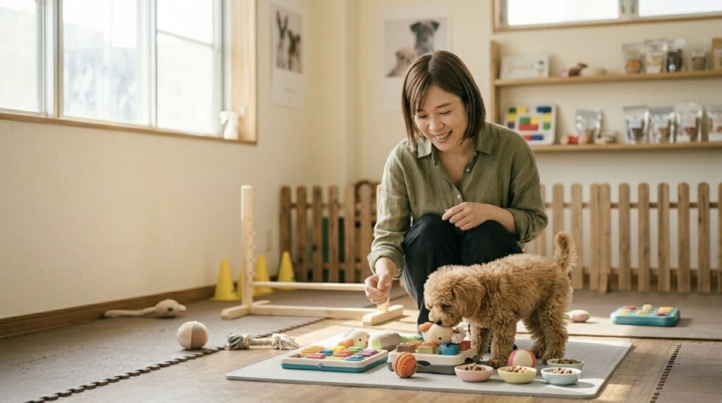 おもちゃや知育玩具を使いながら遊びを楽しむトイプードルと飼い主さん