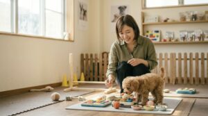 おもちゃや知育玩具を使いながら遊びを楽しむトイプードルと飼い主さん