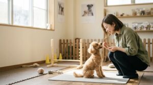 トレーニングルームで飼い主さんと向き合いながらオヤツを見つめるトイプードル