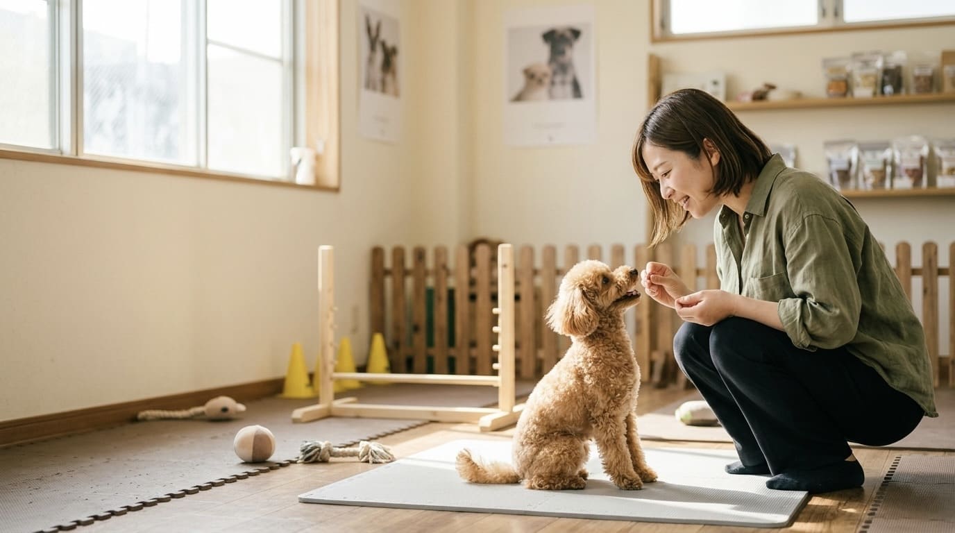 トレーニングルームで飼い主さんと向き合いながらオヤツを見つめるトイプードル