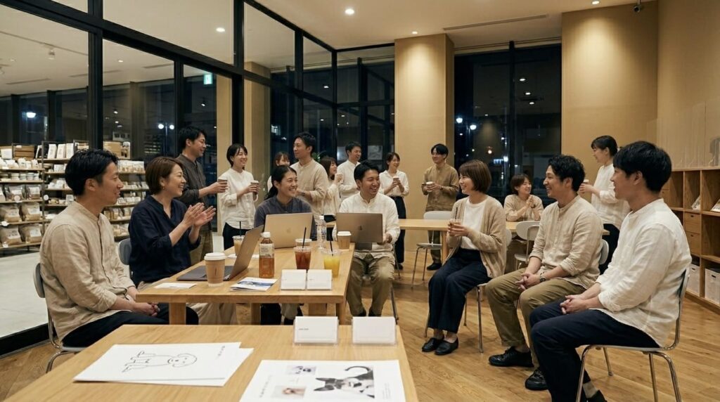 無印良品のような落ち着いた空間で開催される、トリマー向け交流イベントのイメージ。集客や経営、これからのトリマー像について語り合う様子。