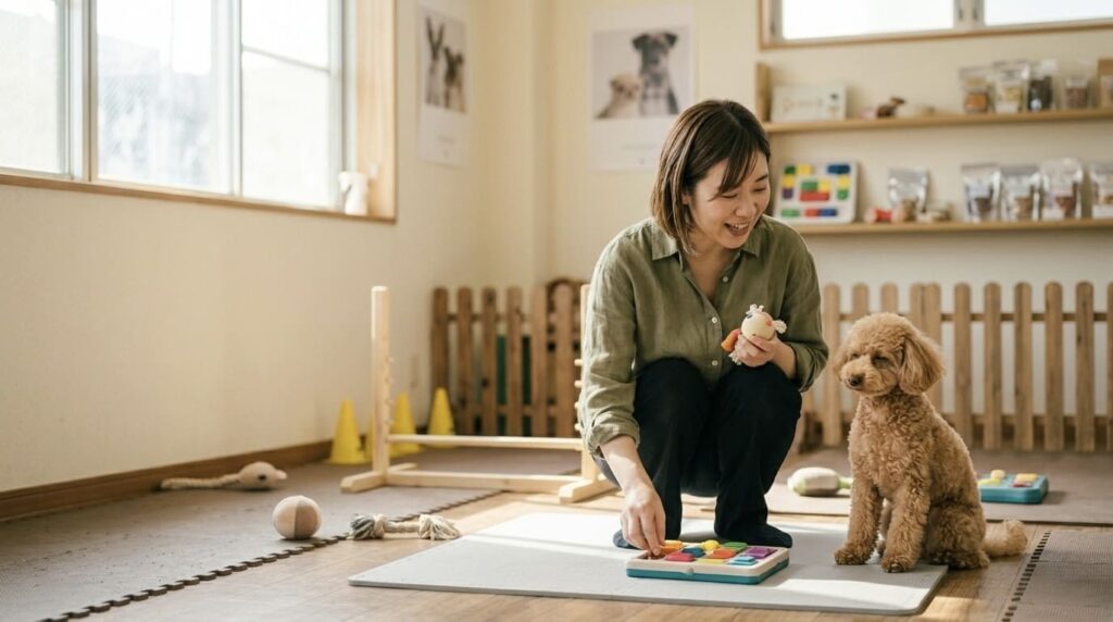 知育玩具を使って愛犬の好みを探しながらコミュニケーションを取る飼い主さん