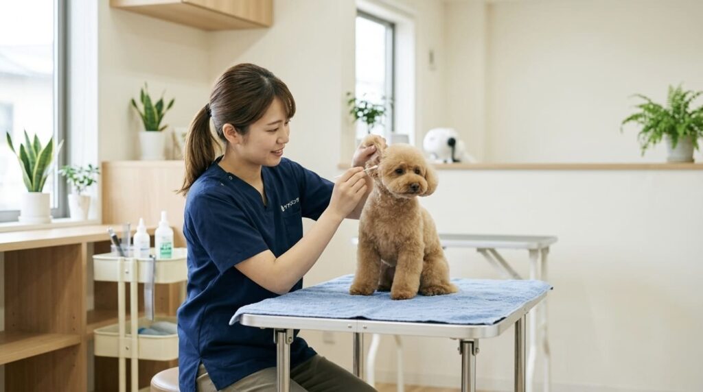 犬の耳掃除ケアをトリマーが行っている様子とトイプードル