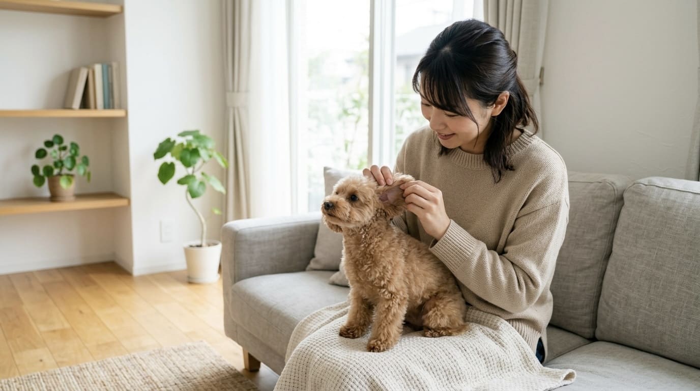 犬の耳掃除ケアとして耳の状態を優しくチェックしている飼い主とトイプードル
