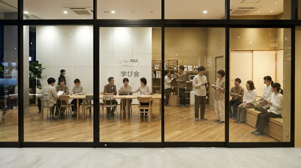 無印良品のOpen MUJI 学び舎をイメージした空間で、トリマーやサロンオーナーたちが交流している様子。少人数で会話を交わしながら、これからの働き方や活動について語り合う落ち着いた雰囲気。