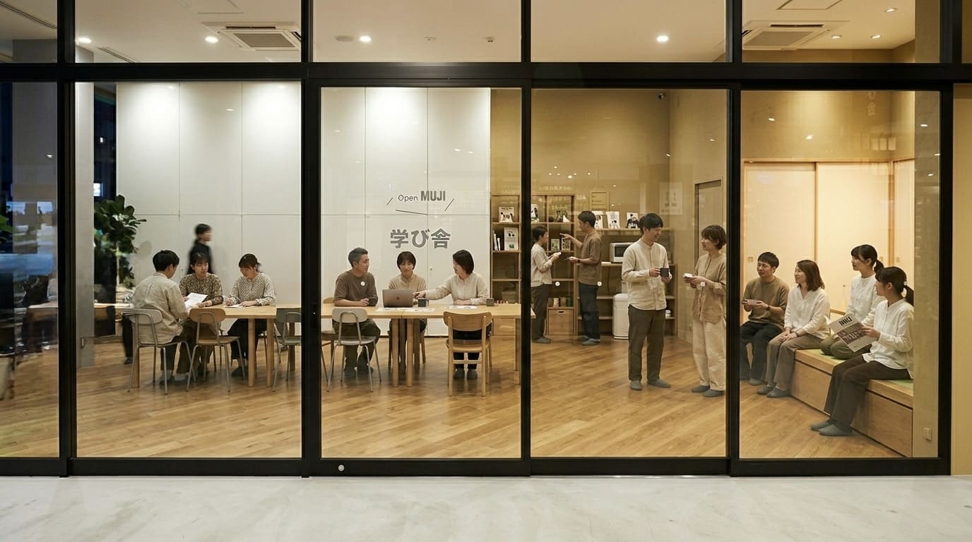 無印良品のOpen MUJI 学び舎をイメージした空間で、トリマーやサロンオーナーたちが交流している様子。少人数で会話を交わしながら、これからの働き方や活動について語り合う落ち着いた雰囲気。