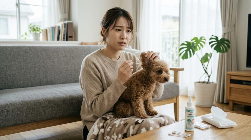 犬の耳掃除ケアで綿棒の使い方に悩む飼い主とトイプードルの様子