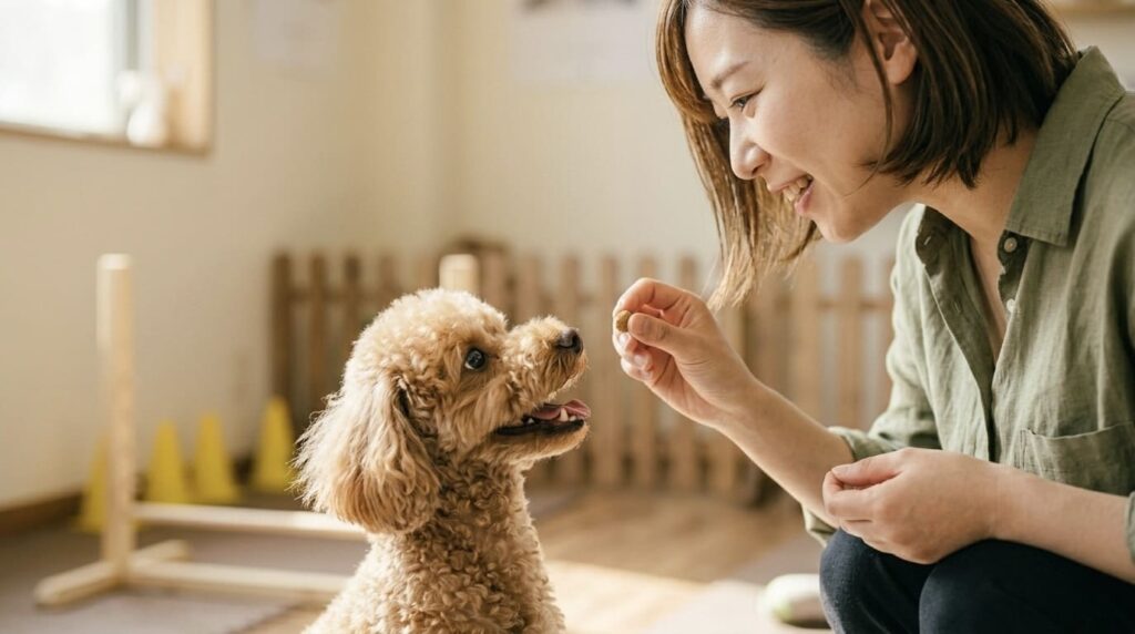 オヤツをモチベーターにしながらアイコンタクトを取るトイプードルと飼い主さん