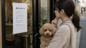 トリミングサロン入口に貼られた「閉店のお知らせ」を見つめる飼い主さん。腕の中のトイプードルと共に、突然の閉店に戸惑う空気感を映したリアルな情景。