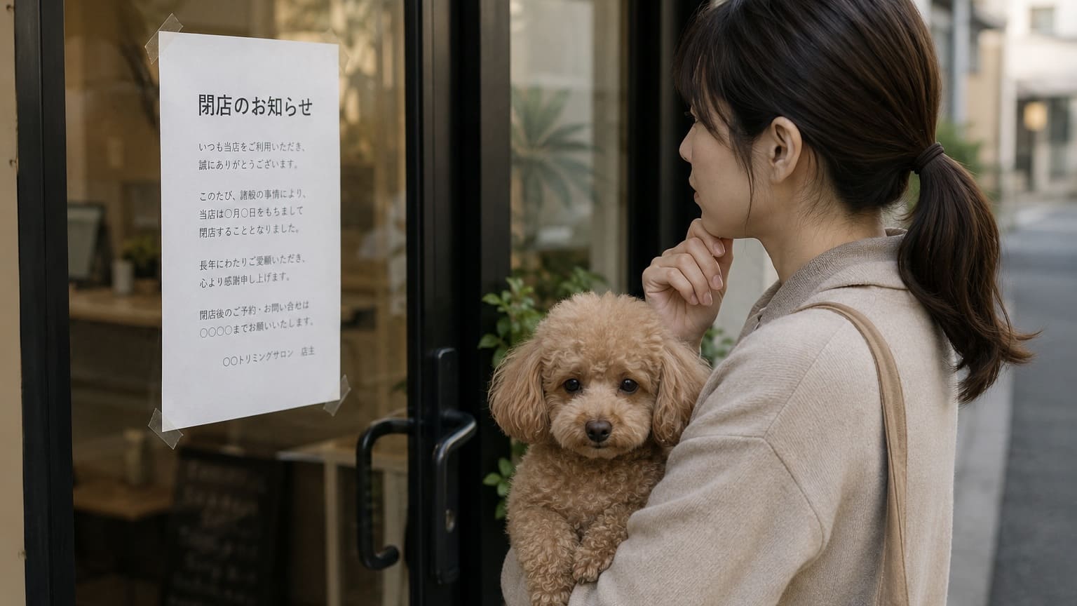 トリミングサロン入口に貼られた「閉店のお知らせ」を見つめる飼い主さん。腕の中のトイプードルと共に、突然の閉店に戸惑う空気感を映したリアルな情景。