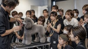 トップトリマーによる実演を真剣な眼差しで見つめる若いトリマーたち。技術を追い求め続ける、現代トリミング業界の熱量とプレッシャーを感じる勉強会風景。
