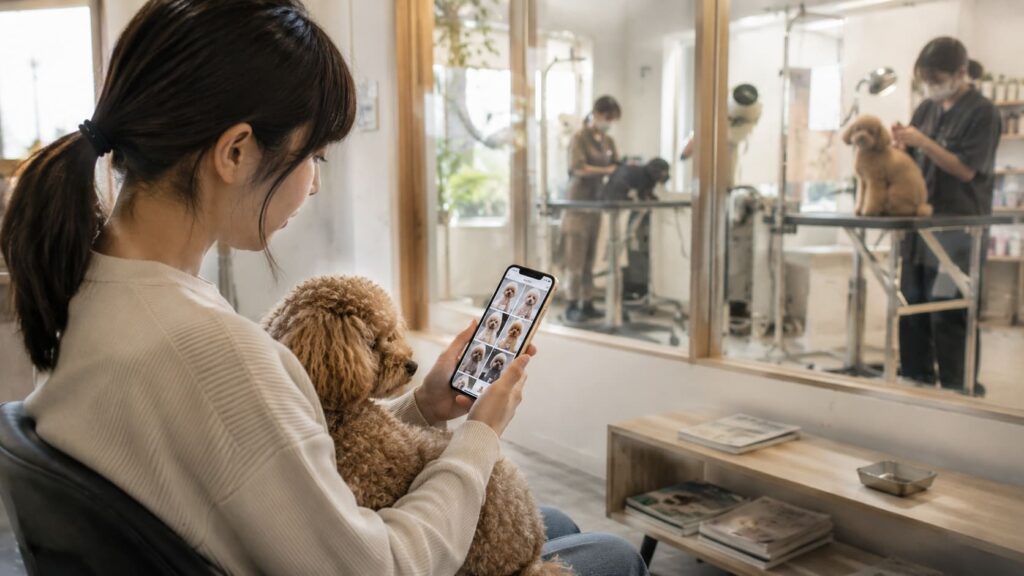 スマートフォンで様々なデザインカットを見比べる愛犬家。SNS時代ならではの“比較され続けるトリミング業界”を象徴するリアルなワンシーン。