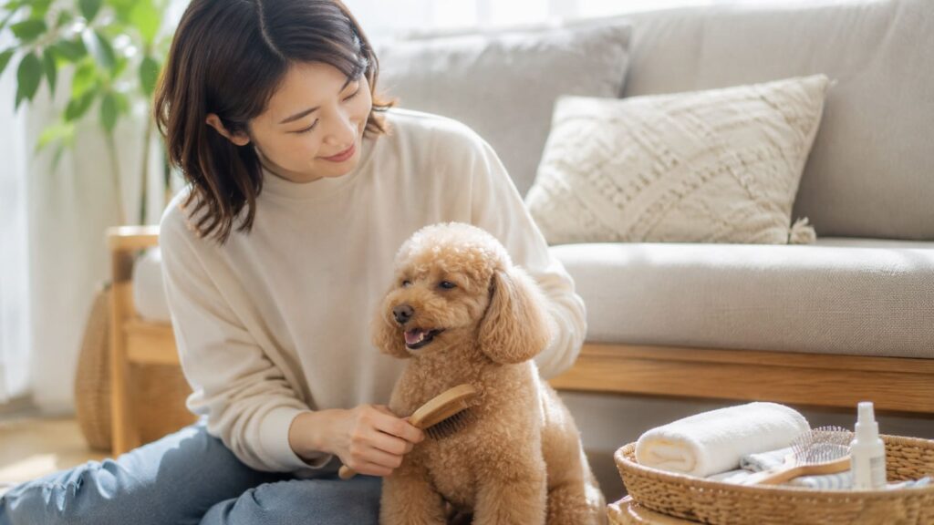自宅で愛犬を優しくブラッシングする飼い主さん。家庭で支えるケアの温かさと、愛犬が安心して身を委ねる穏やかな時間。