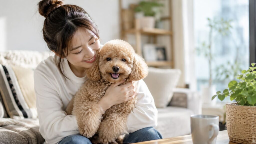 少し毛並みが整いきっていなくても、笑顔で寄り添う飼い主さんと愛犬。“完璧な仕上がり”よりも、“幸せな暮らし”を感じさせる温かな日常風景。