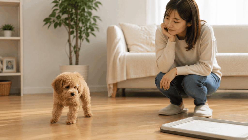 トイレシートの近くで戸惑うように立ち止まるトイプードルの子犬を、飼い主が怒らず優しく見守っている様子