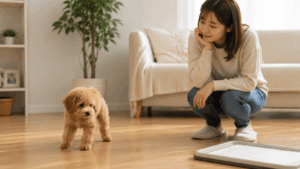 トイレシートの近くで戸惑うように立ち止まるトイプードルの子犬を、飼い主が怒らず優しく見守っている様子