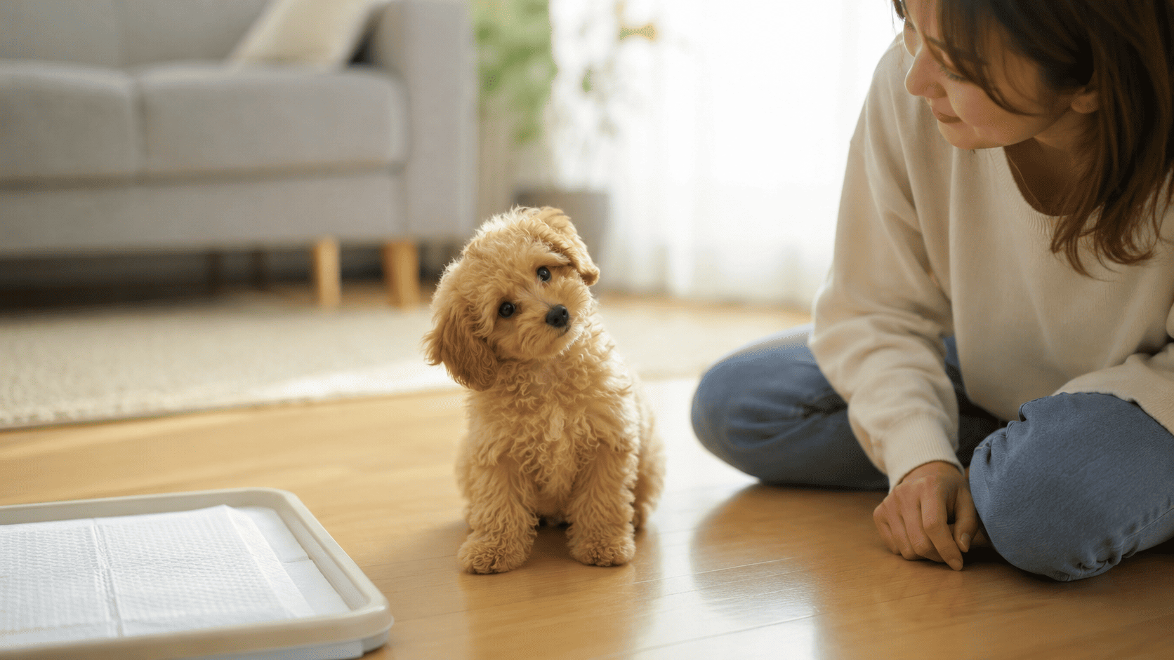 日本のリビングで、トイレシートの近くに座り首をかしげるトイプードルの子犬を、飼い主が優しく見守る様子