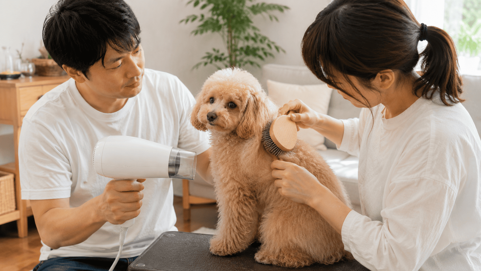 夫婦で協力しながらトイプードルを乾かす家庭でのブロードライ