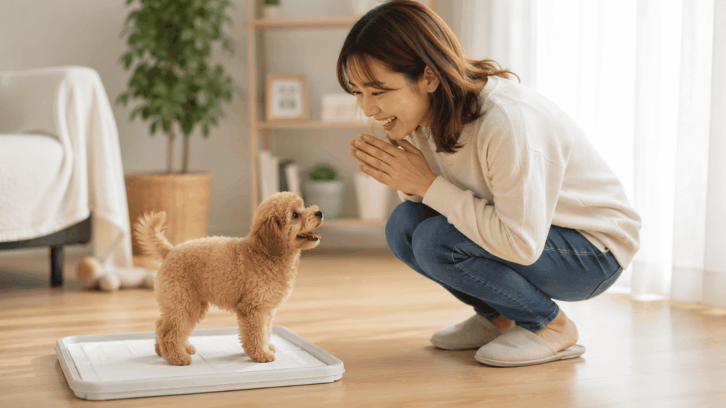 トイレシートの上で排泄に成功したトイプードルの子犬を、しゃがんだ飼い主が笑顔でたくさん褒めている様子