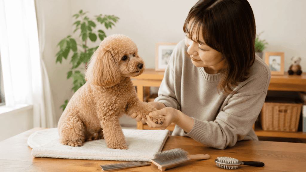 テーブルの上でトイプードルの前足を優しく触る飼い主。ブラシやコームを準備しながら、日頃から触られる練習を通じてコミュニケーションを深めている様子。