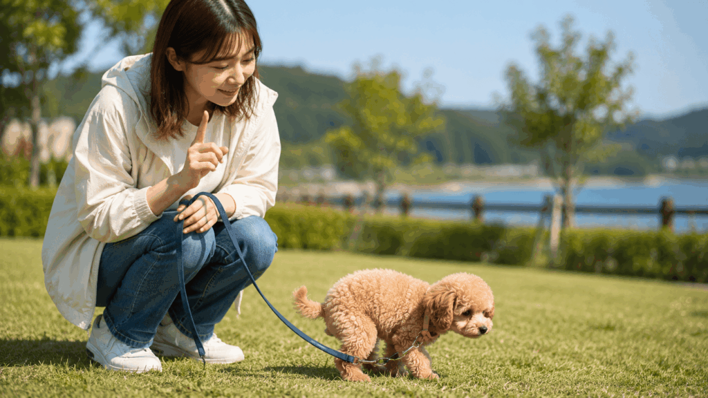 散歩中に「ワンツー」と優しく声を掛けながら、子犬の排泄を落ち着いて見守る飼い主のトイレトレーニング風景