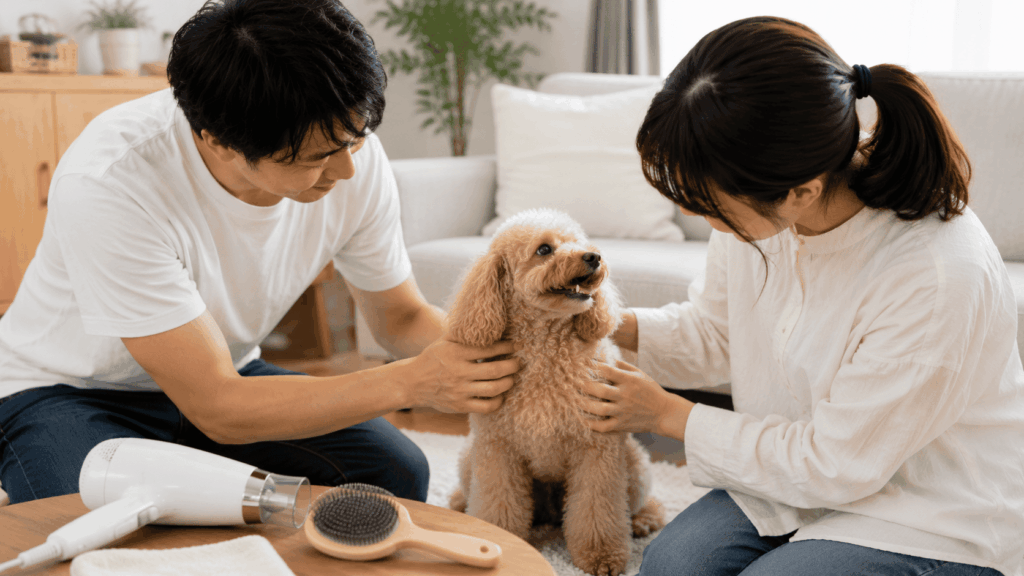 シャンプー後のトイプードルを優しく支えながら落ち着かせる飼い主