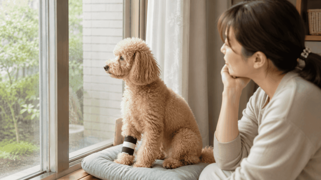 前足にサポーターを装着したトイプードルが窓の外を見つめる様子。隣で飼い主が見守っており、ケガによる生活の変化とトリミングに行けない期間を表現した風景。