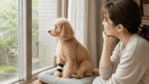 前足にサポーターを装着したトイプードルが窓の外を見つめる様子。隣で飼い主が見守っており、ケガによる生活の変化とトリミングに行けない期間を表現した風景。